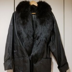 Fox Fur Collared Genuine Leather Coat